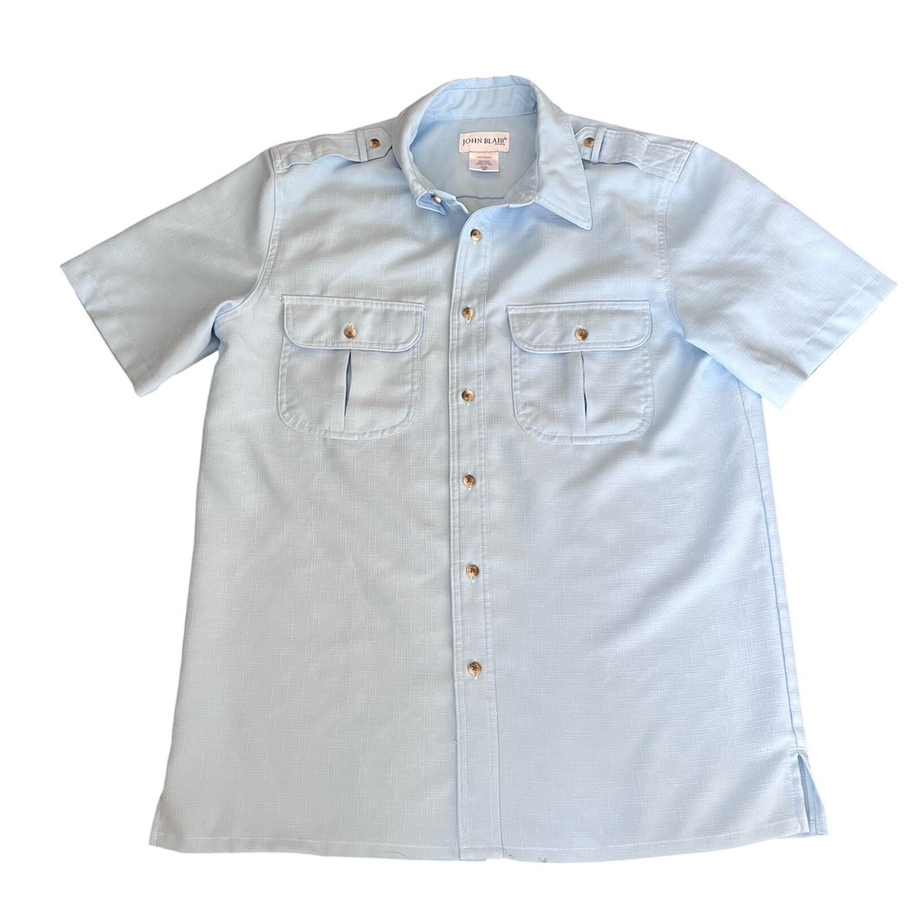 John Blair‎ Leisure Shirt Mens M Blue Polyester Safari Epaulets Pockets Vintage
